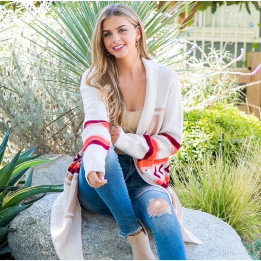 1 LEFT! Women Fall Trend Aztec Print Fall Colors Knee Length Cardigan Sweater - Picture 4 of 4